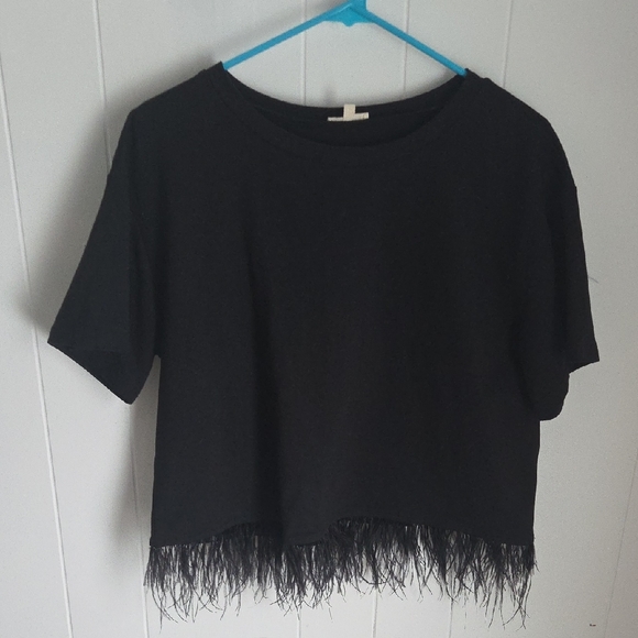 JODIFL Tops - JODIFL Black Feather-Trim Crop Top